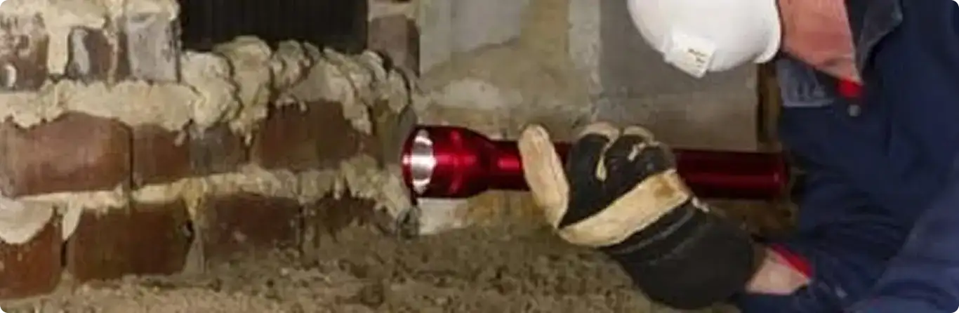 Pest control technician inspecting a crawl space for ant activity in Elkhorn, NE