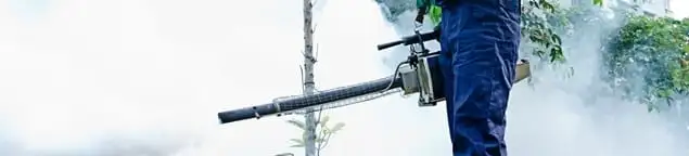 Pest control technician fogging an outdoor area for insect control in Omaha, NE